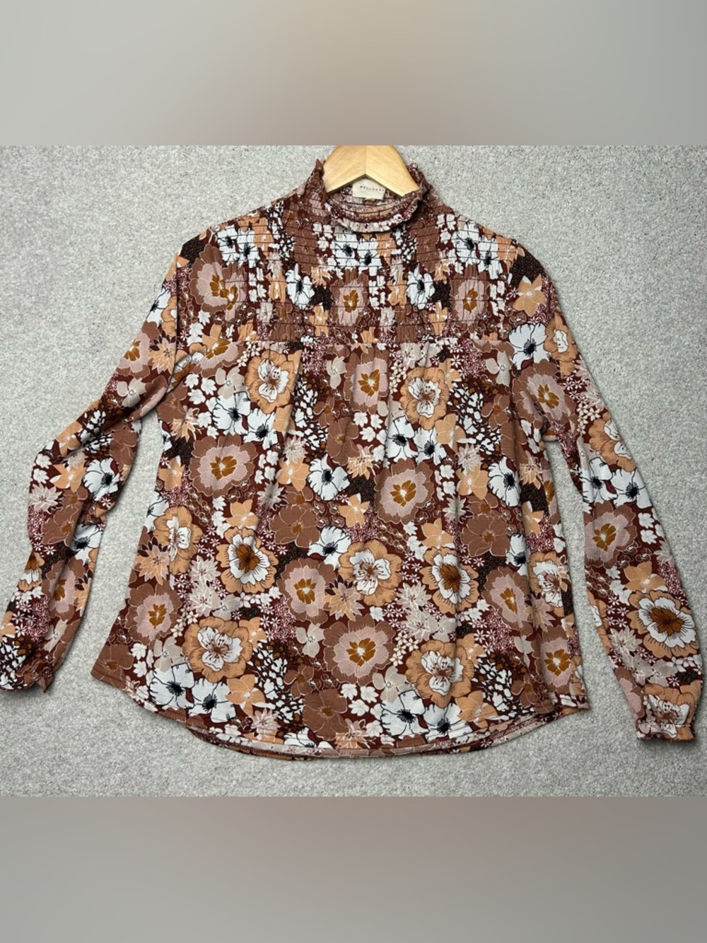 Melloday Smocked High-Neck Floral Blouse